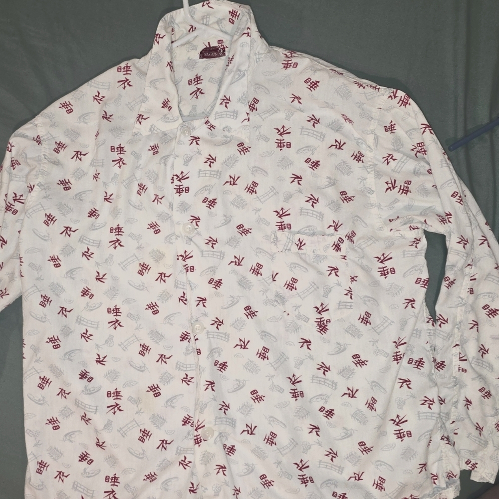 White and Red Japanese Patterned Female Button-down Shirt